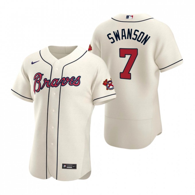 Men's Atlanta Braves #7 Dansby Swanson Cream Cool Base Stitched